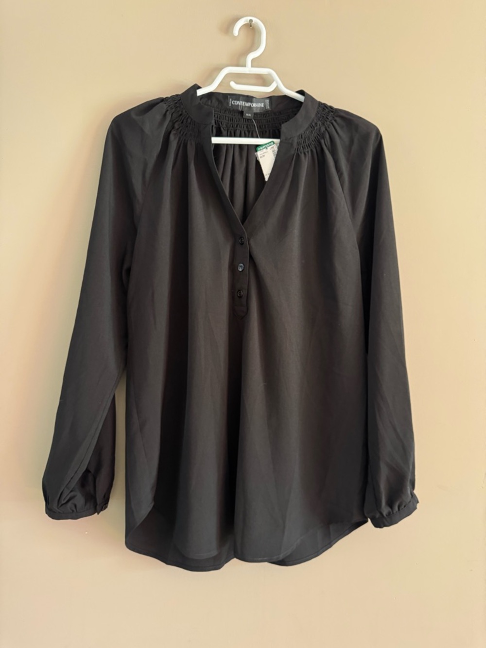 Casual Black Smocked Yoke Long-Sleeve Blouse